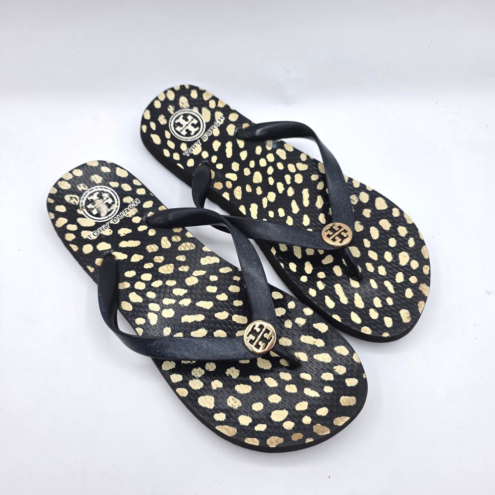 Tory Burch Classic Printed Thin Flip Flop Spotted Gold Logo Sandal Black Size 11